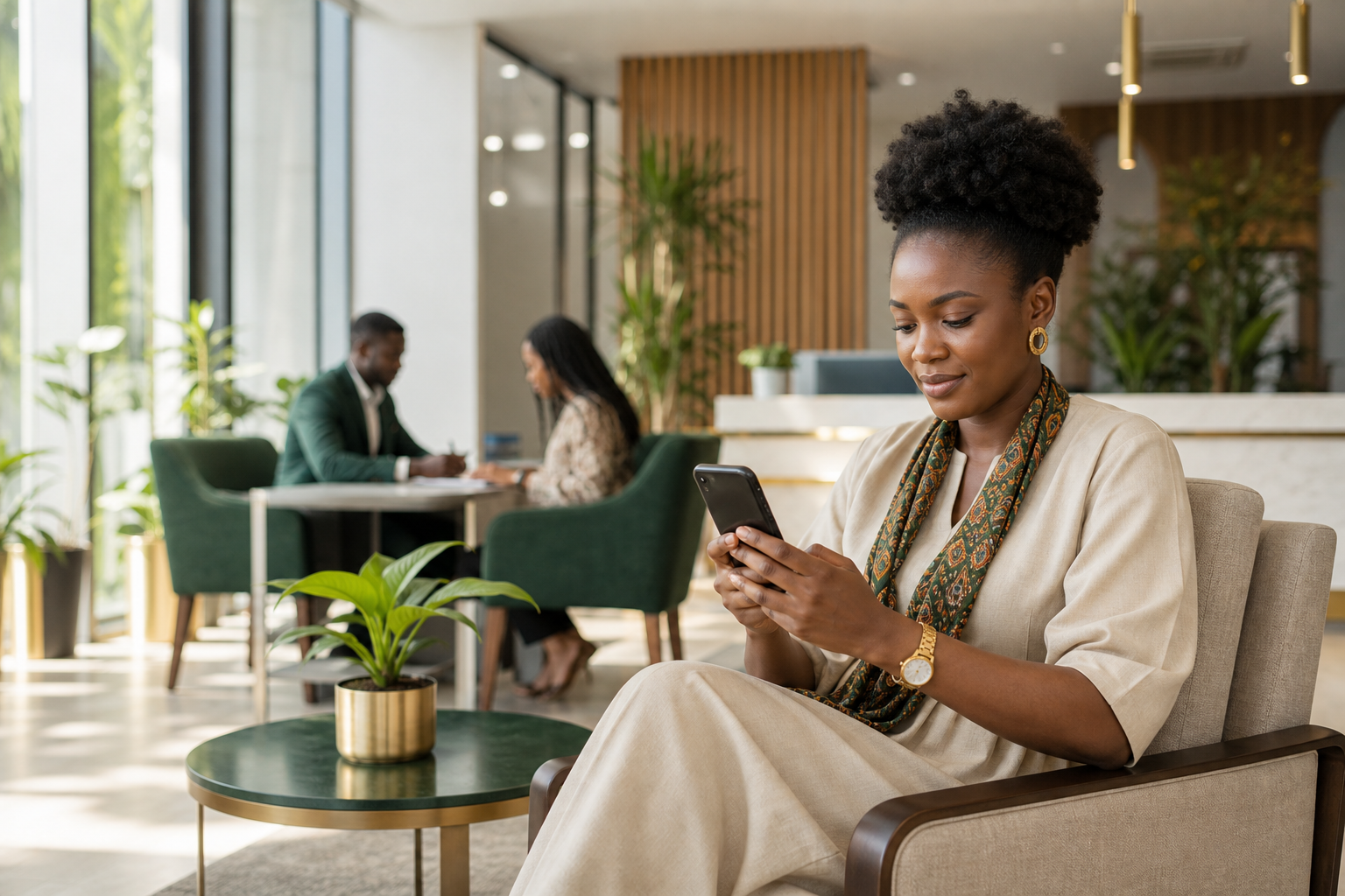 BMC member using digital savings services in a welcoming credit union lounge